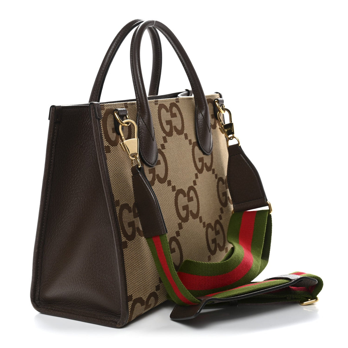 Monogram Jumbo GG Textured Dollar Calfskin Web Small Tote Bag Camel Ebony New Acero wholesalehk.shop