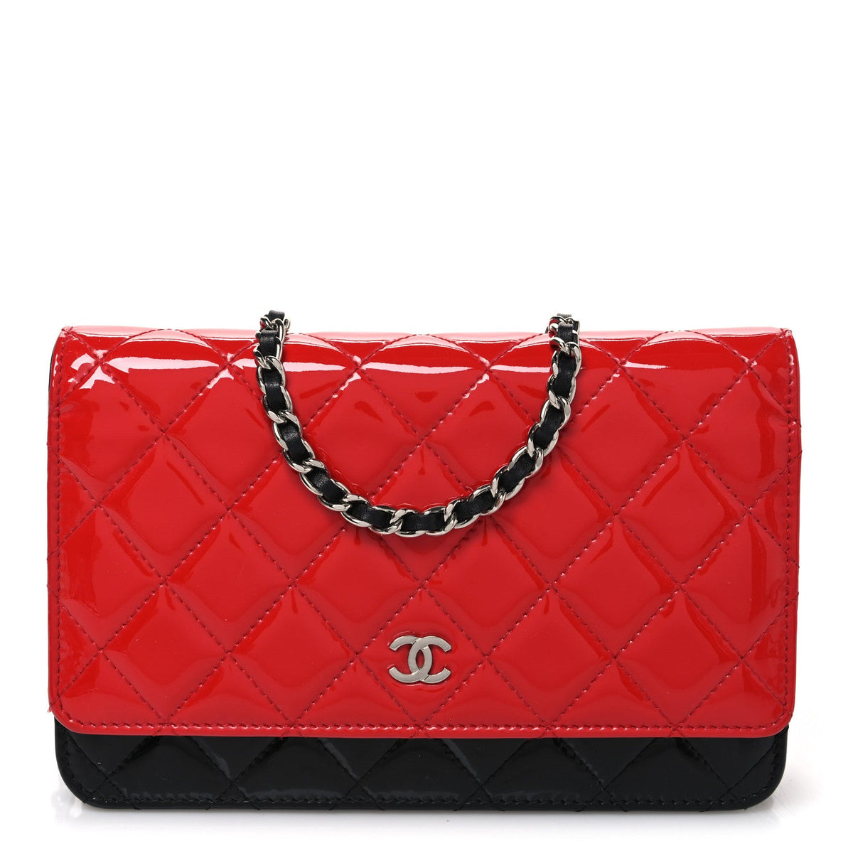 Patent Quilted Bi-Color Wallet On Chain WOC Red Black wholesalehk.shop