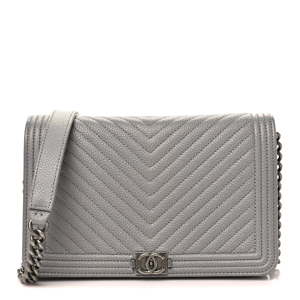 Caviar Chevron Quilted Boy Wallet On Chain WOC Grey wholesalehk.shop