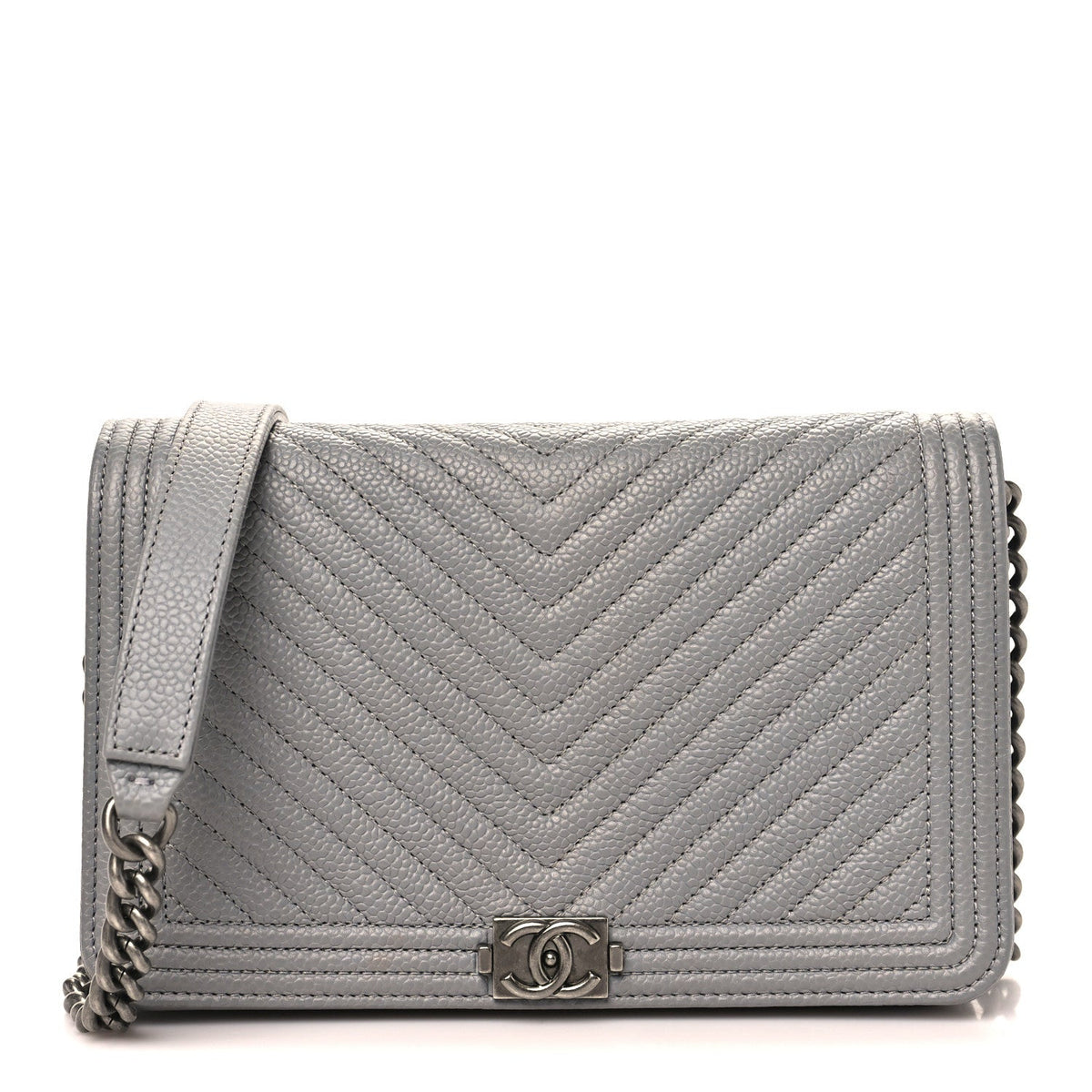 Caviar Chevron Quilted Boy Wallet On Chain WOC Grey wholesalehk.shop