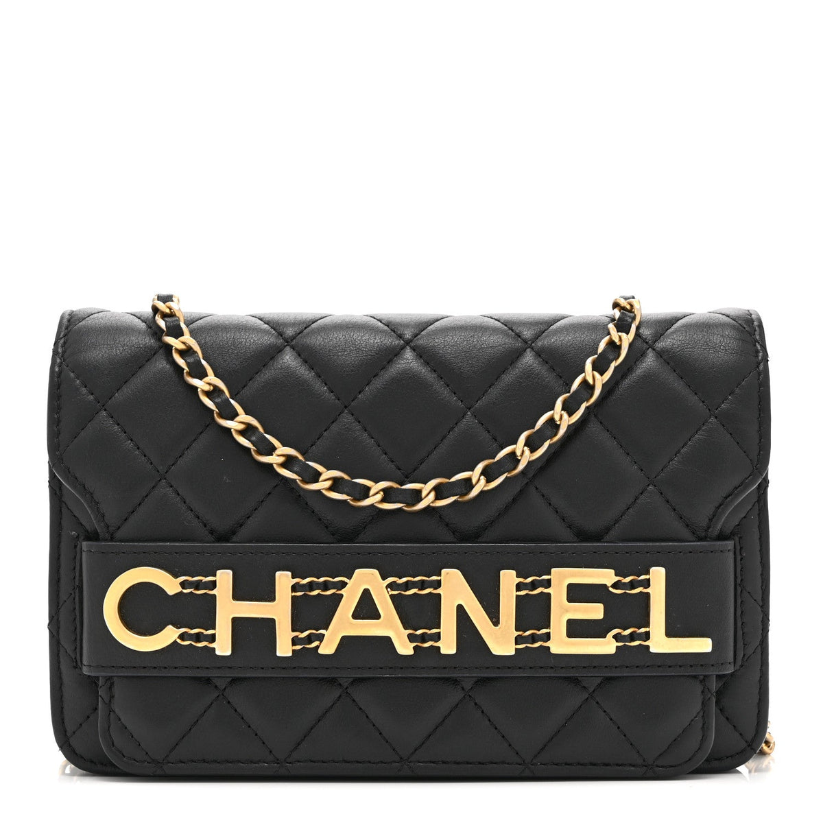 Calfskin Quilted Enchained Wallet On Chain WOC Black wholesalehk.shop