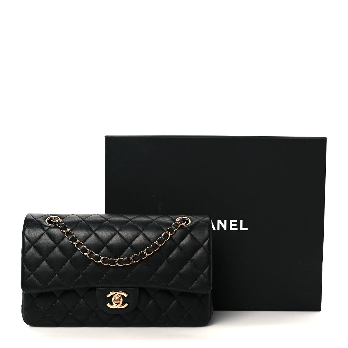 Lambskin Quilted Medium Double Flap Black wholesalehk.shop