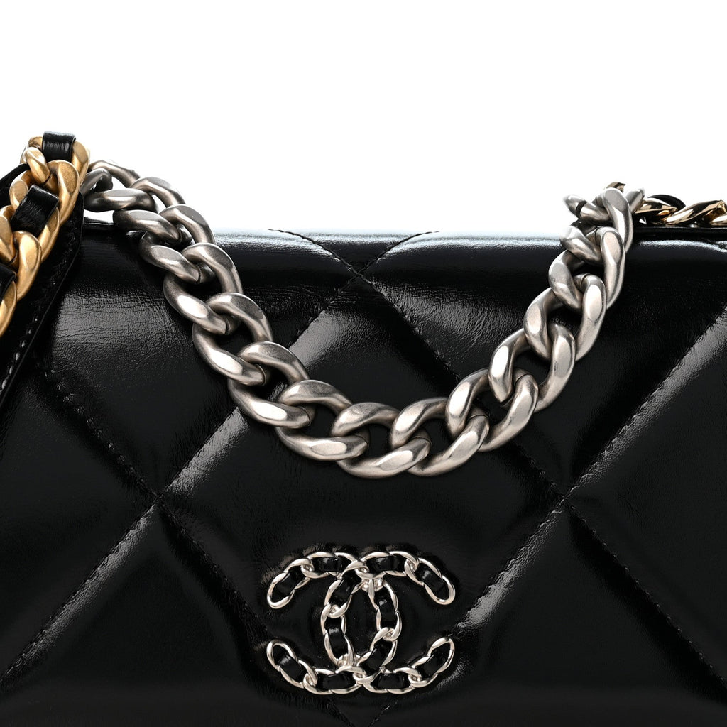 Shiny Crumpled Calfskin Quilted Chanel 19 Wallet On Chain WOC Black wholesalehk.shop