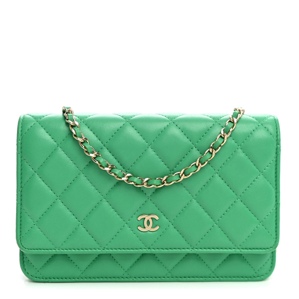 Lambskin Quilted Wallet On Chain WOC Green wholesalehk.shop