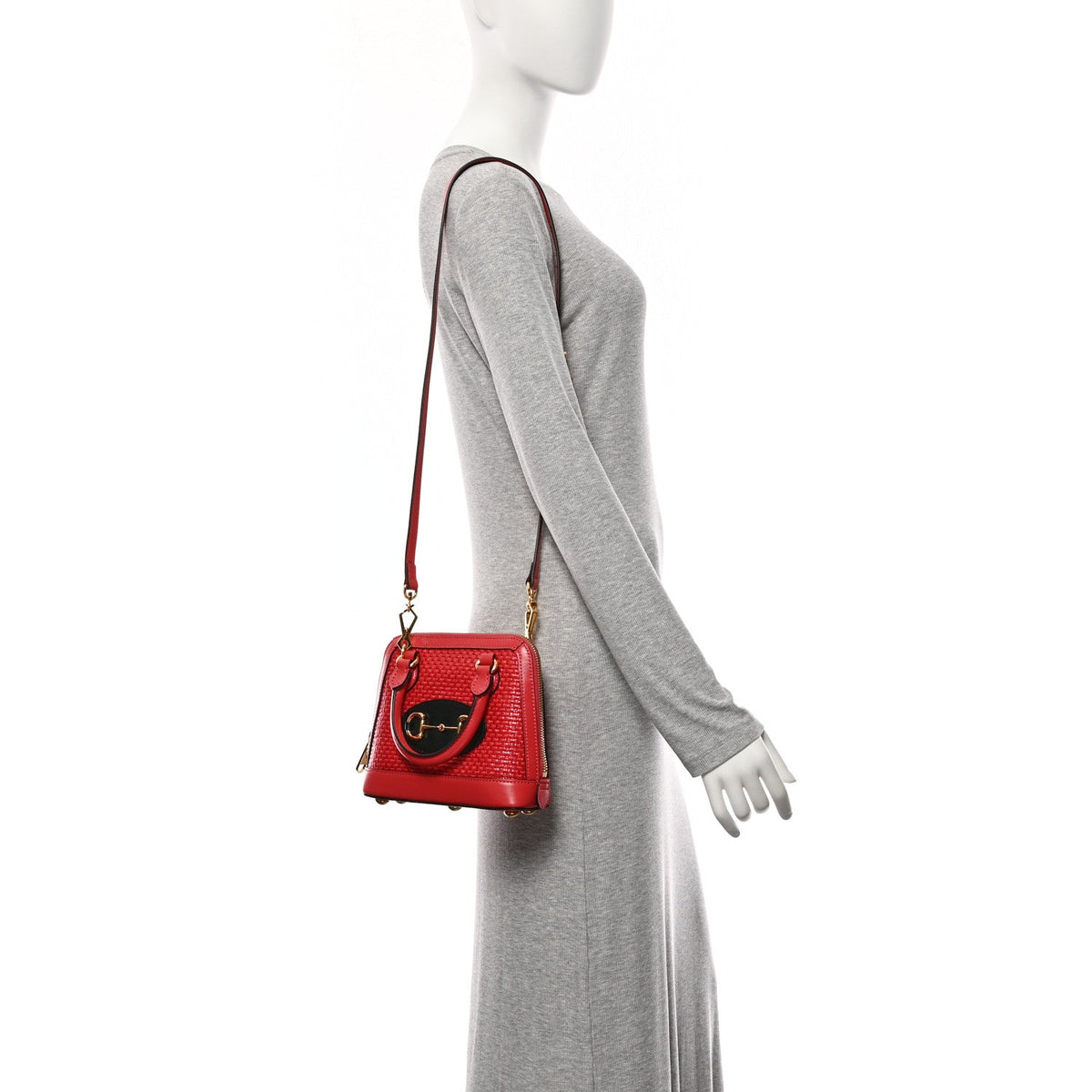 Straw Azalea Calfskin Woven Mini Horsebit 1955 Top Handle Bag Coral Wave Black wholesalehk.shop