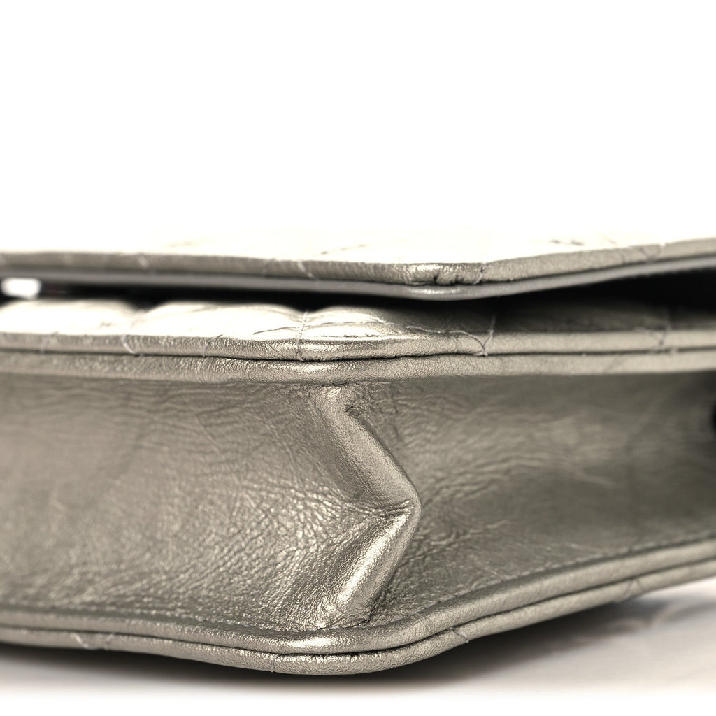 Metallic Crumpled Calfskin Quilted Flap Charm Wallet On Chain WOC Silver wholesalehk.shop