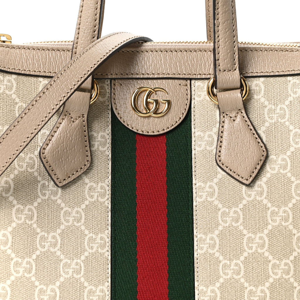 GG Supreme Monogram Textured Dollar Calfskin Web Small Ophidia Tote Bag Beige Mystic White Oatmeal wholesalehk.shop