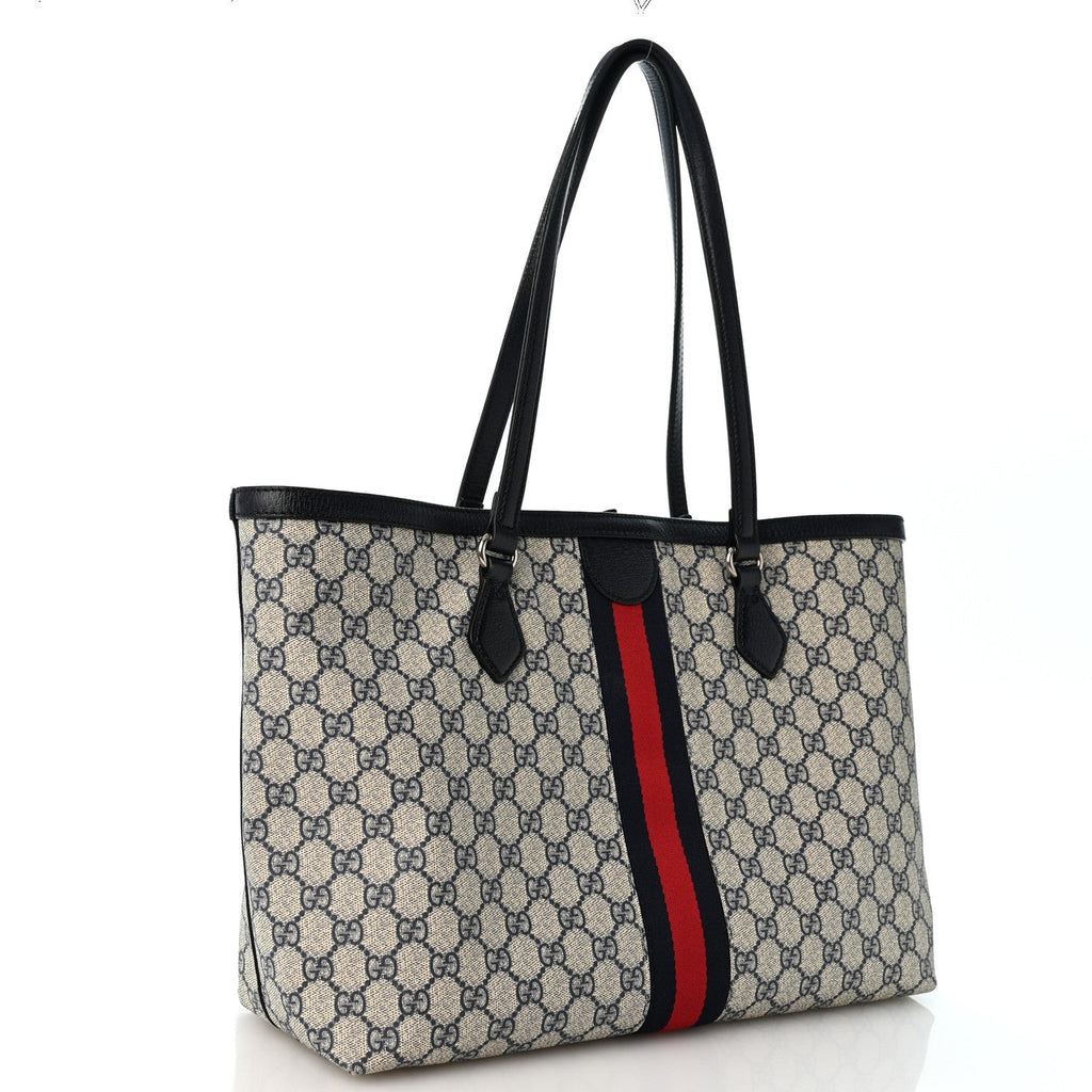 GG Supreme Monogram Textured Calfskin Web Medium Ophidia Shopping Tote Beige Blue wholesalehk.shop