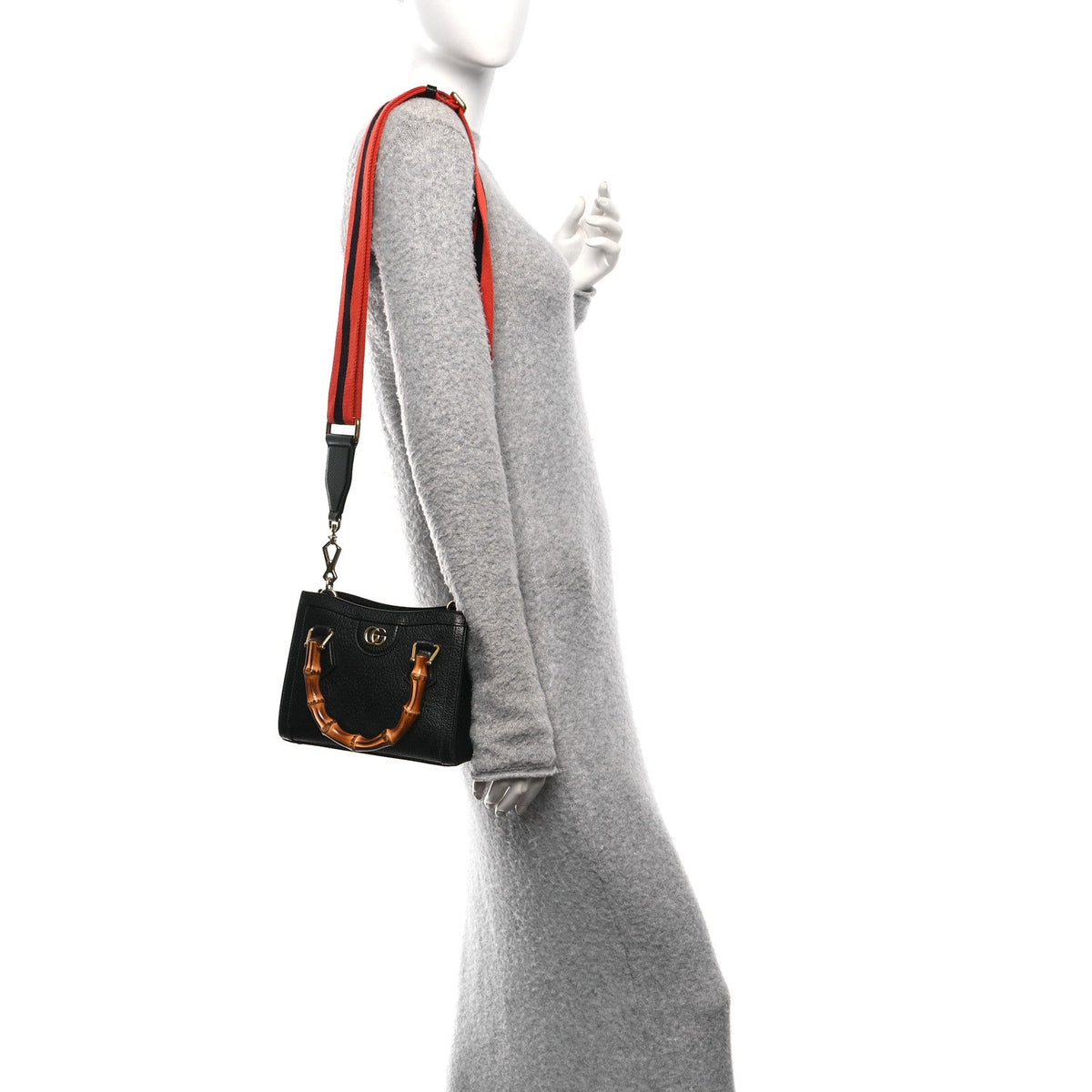 Textured Dollar Calfskin Web Mini Diana Tote Bag Black Dusty Grey wholesalehk.shop