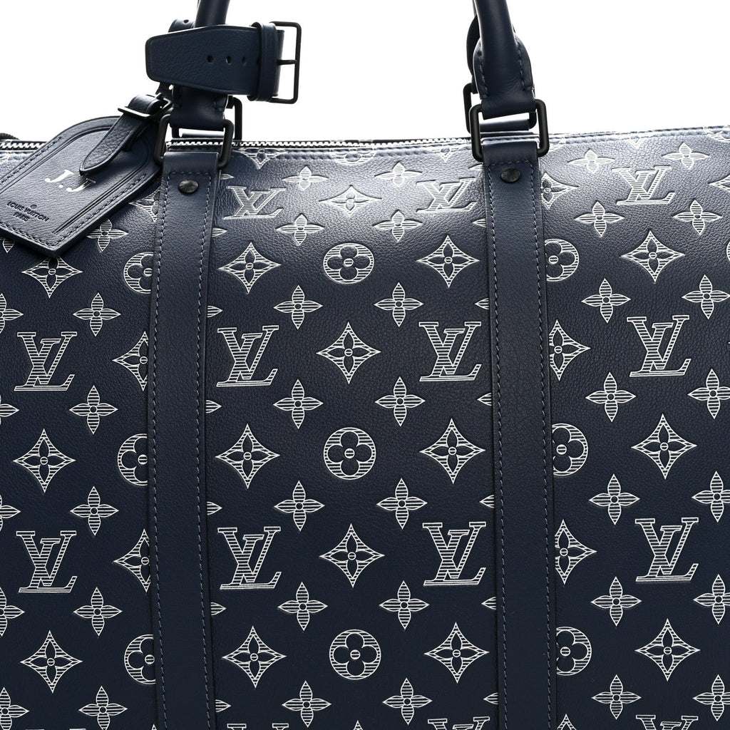 Calfskin Shadow Monogram Keepall Bandouliere 50 Ink Blue White wholesalehk.shop