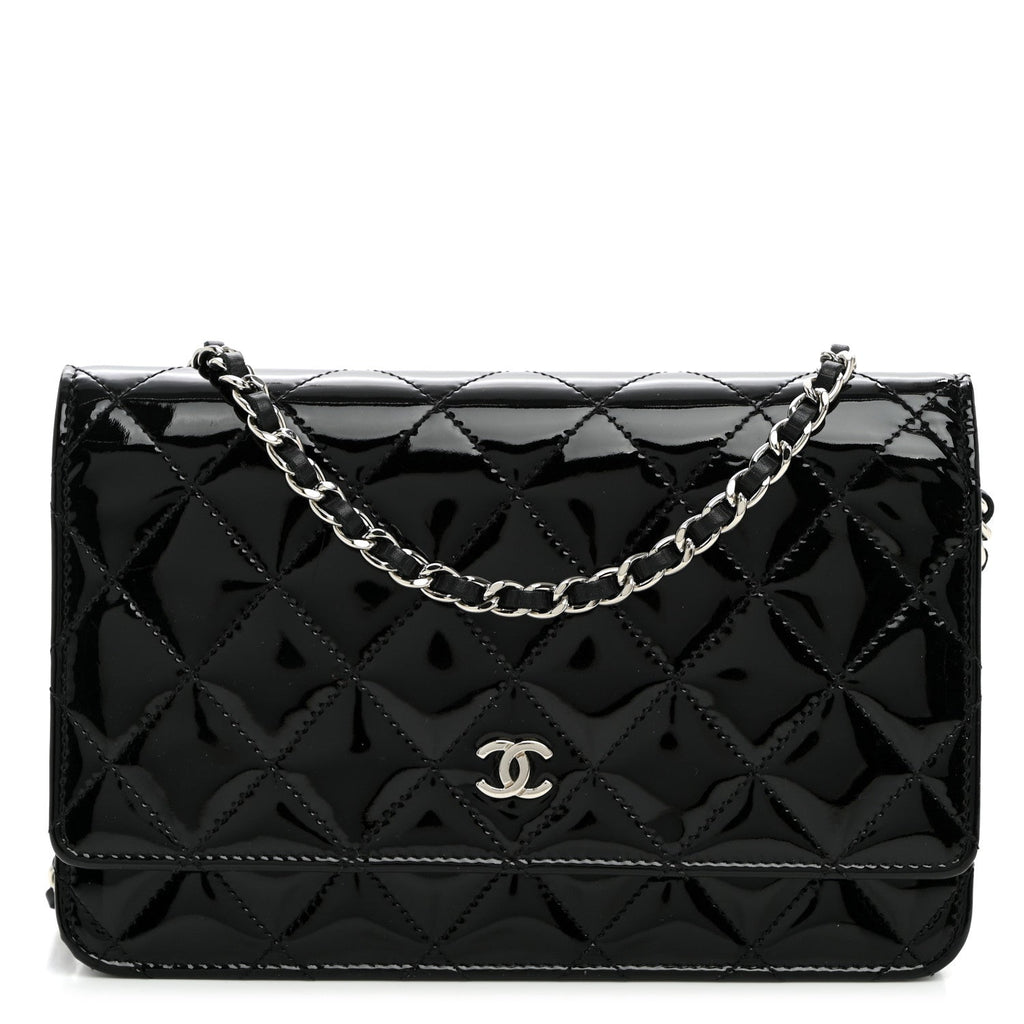 Patent Quilted Wallet On Chain WOC Black wholesalehk.shop