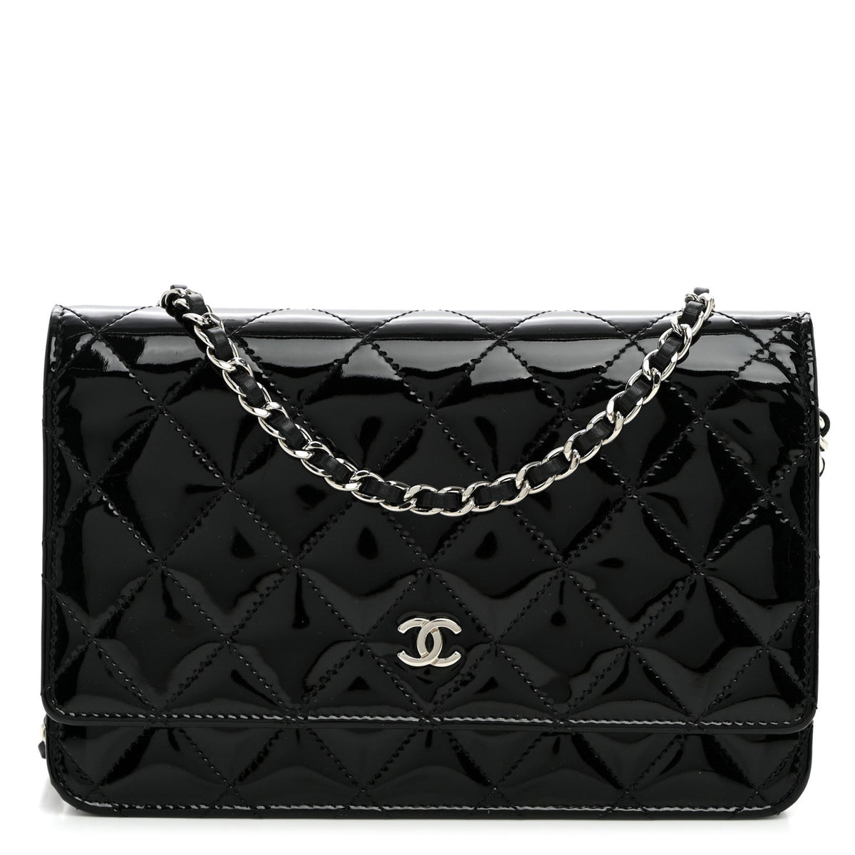 Patent Quilted Wallet On Chain WOC Black wholesalehk.shop