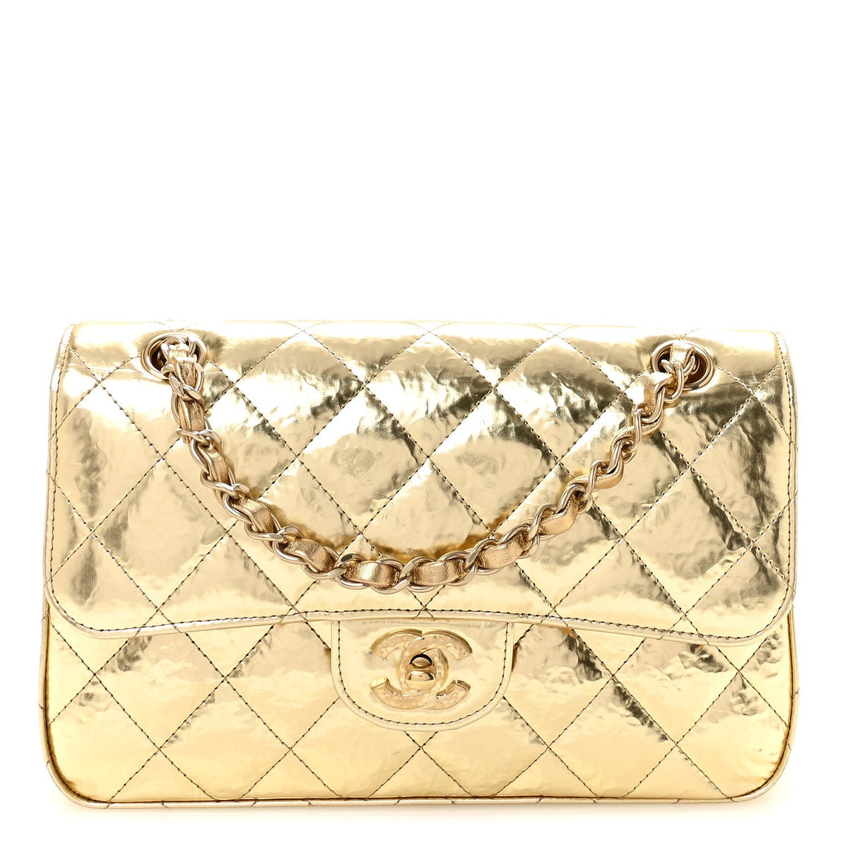 Hammered Metallic Calfskin Quilted Small Double Flap Gold wholesalehk.shop