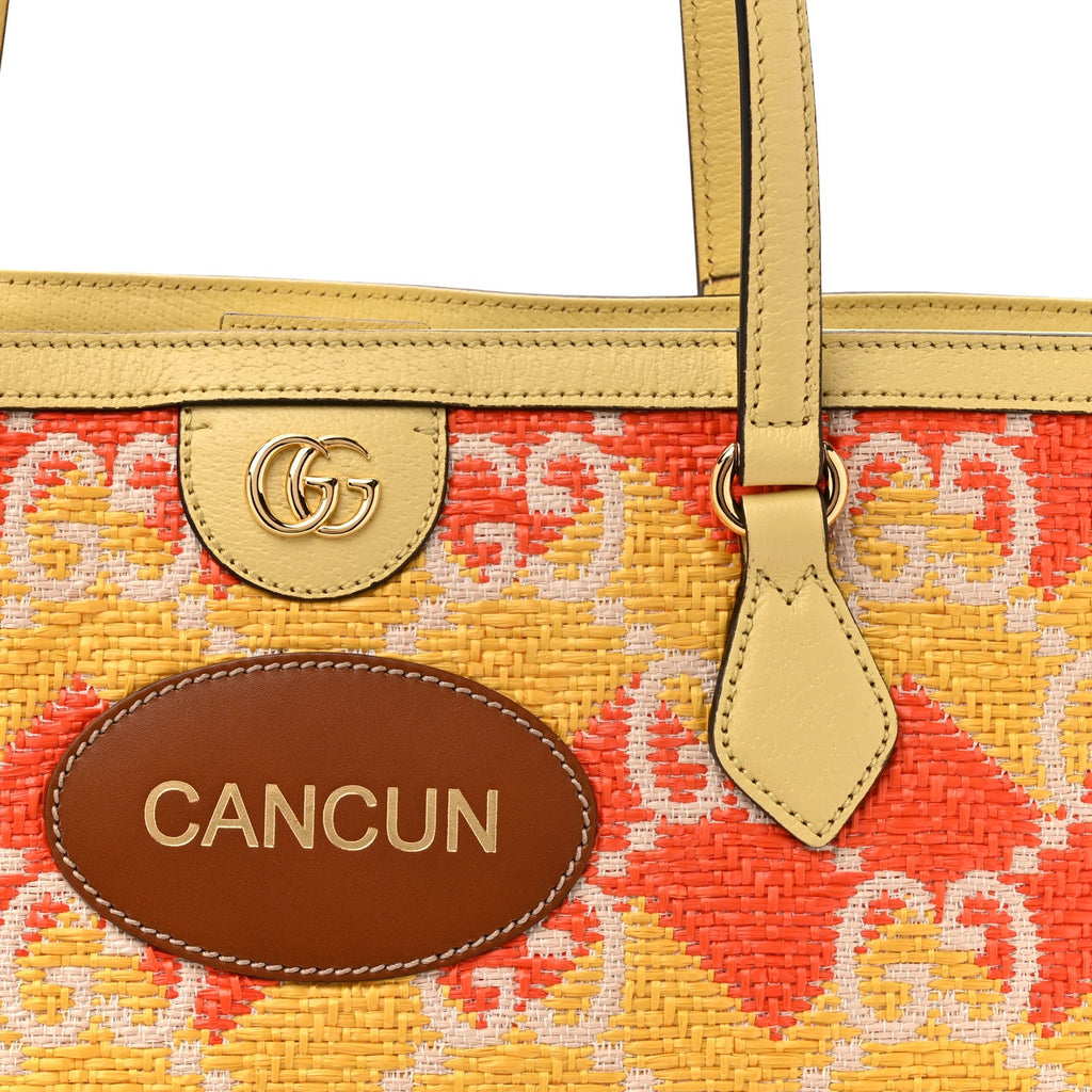 Straw Textured Dollar Calfskin Cancun Medium Ophidia Shopping Tote Orange Yellow wholesalehk.shop