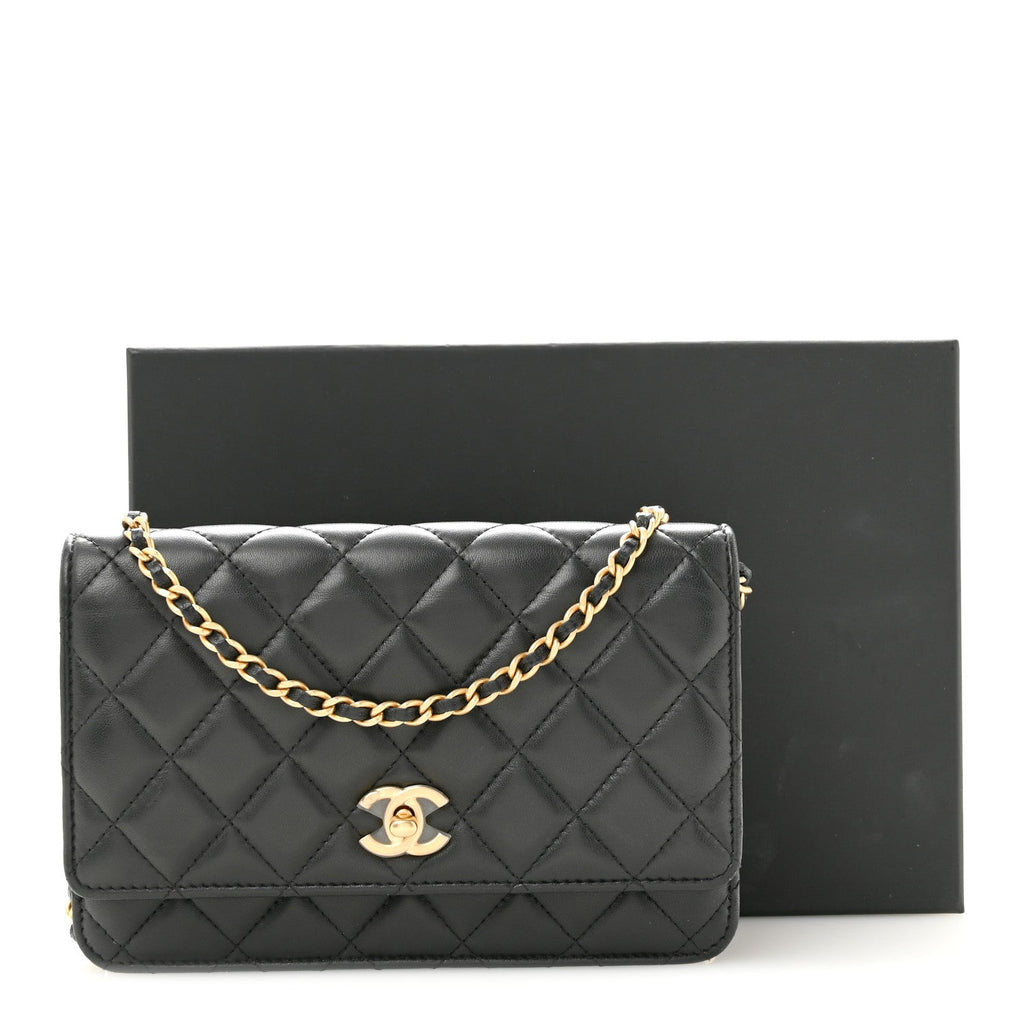 Lambskin Quilted CC Pearl Crush Wallet on Chain WOC Black wholesalehk.shop