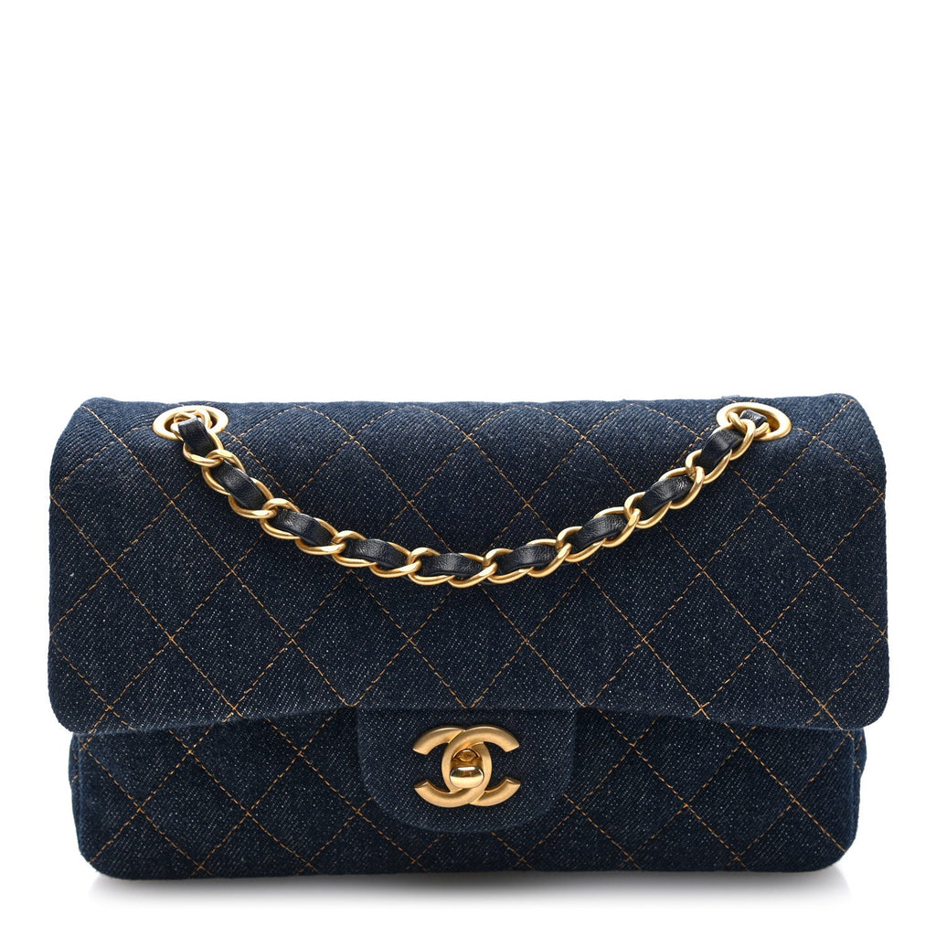 Denim Quilted Small Double Flap Dark Blue Orange wholesalehk.shop