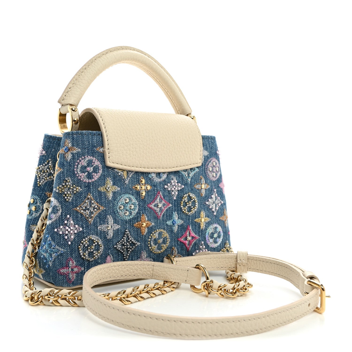 Denim Lurex Beaded Calfskin Capucines Mini Blue Cream £¨ Direct shipment via from wholesalehk.shop