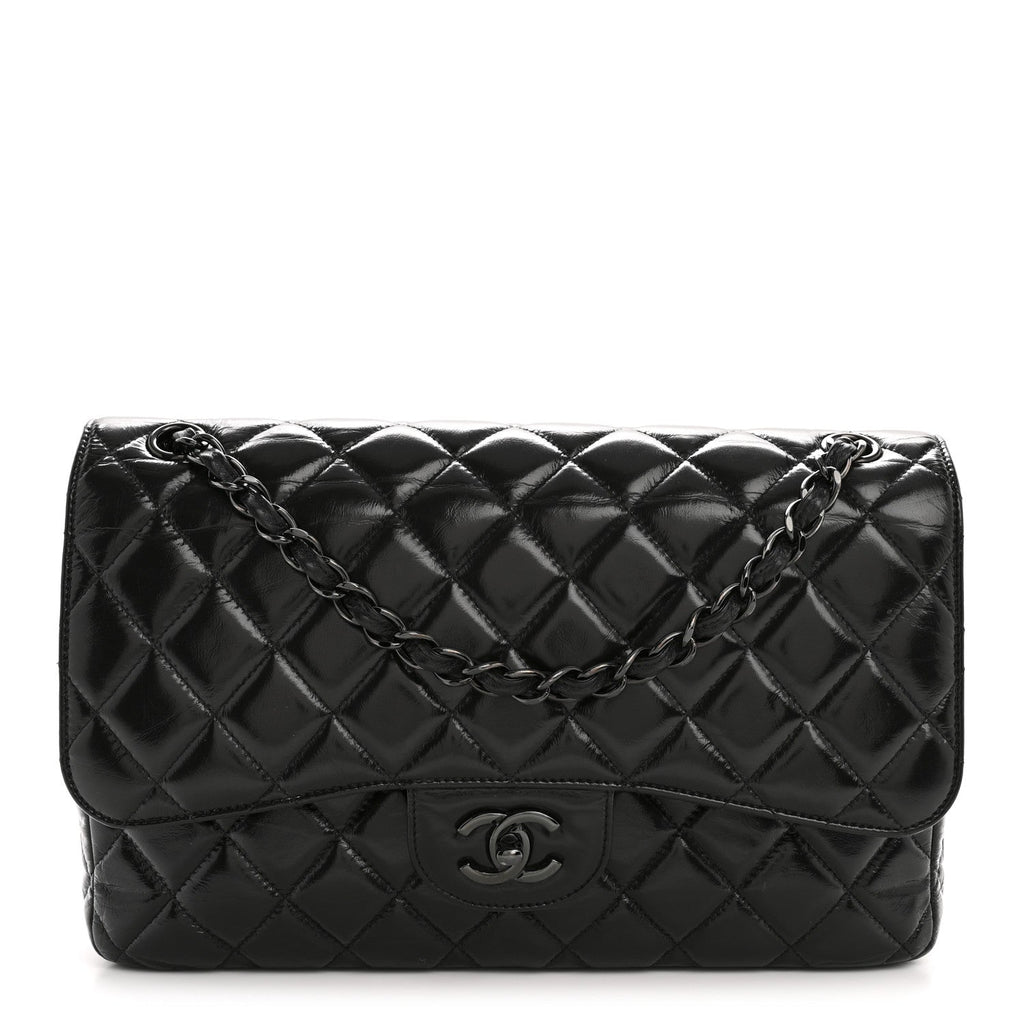 Shiny Crumpled Calfskin Quilted Jumbo Double Flap So Black wholesalehk.shop