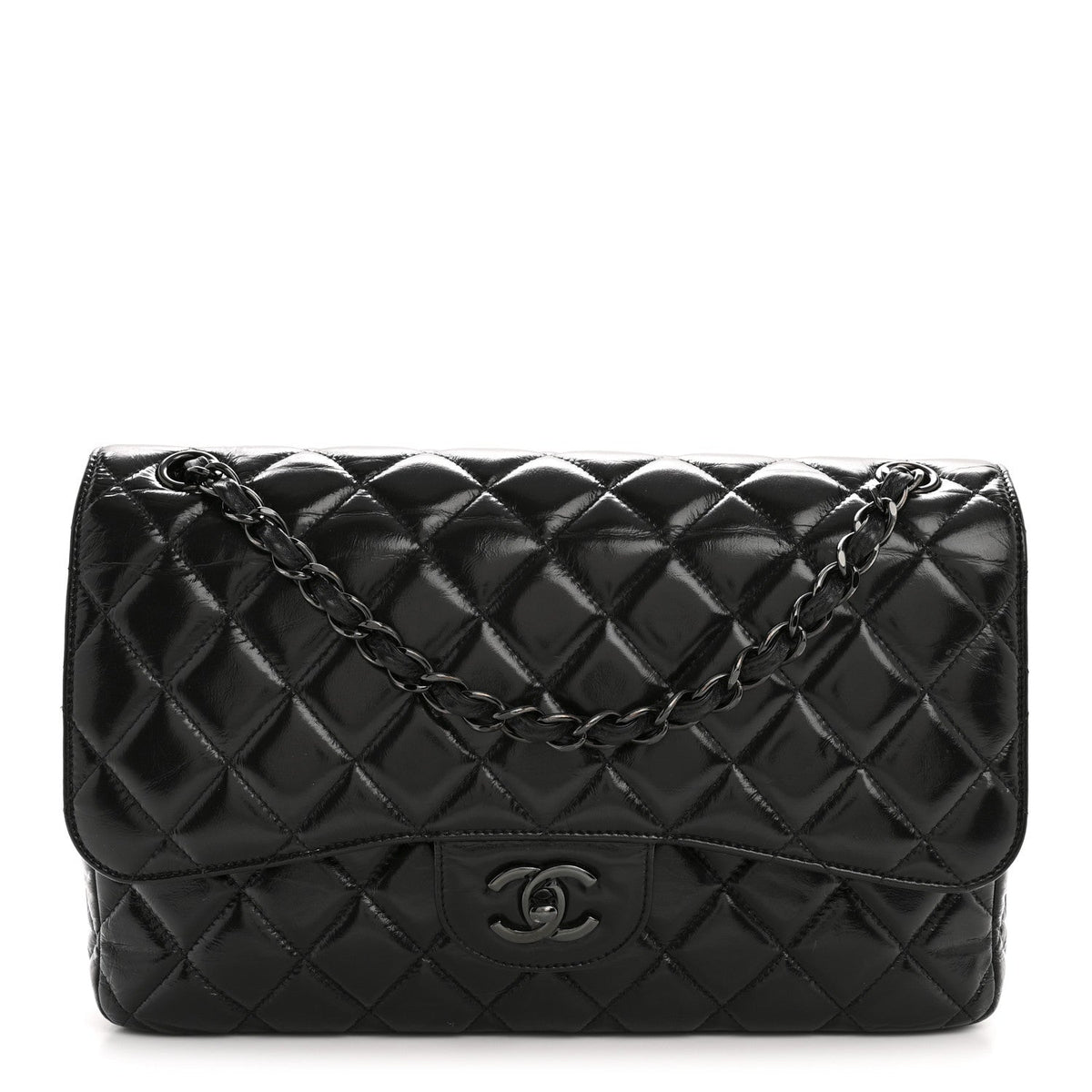Shiny Crumpled Calfskin Quilted Jumbo Double Flap So Black wholesalehk.shop