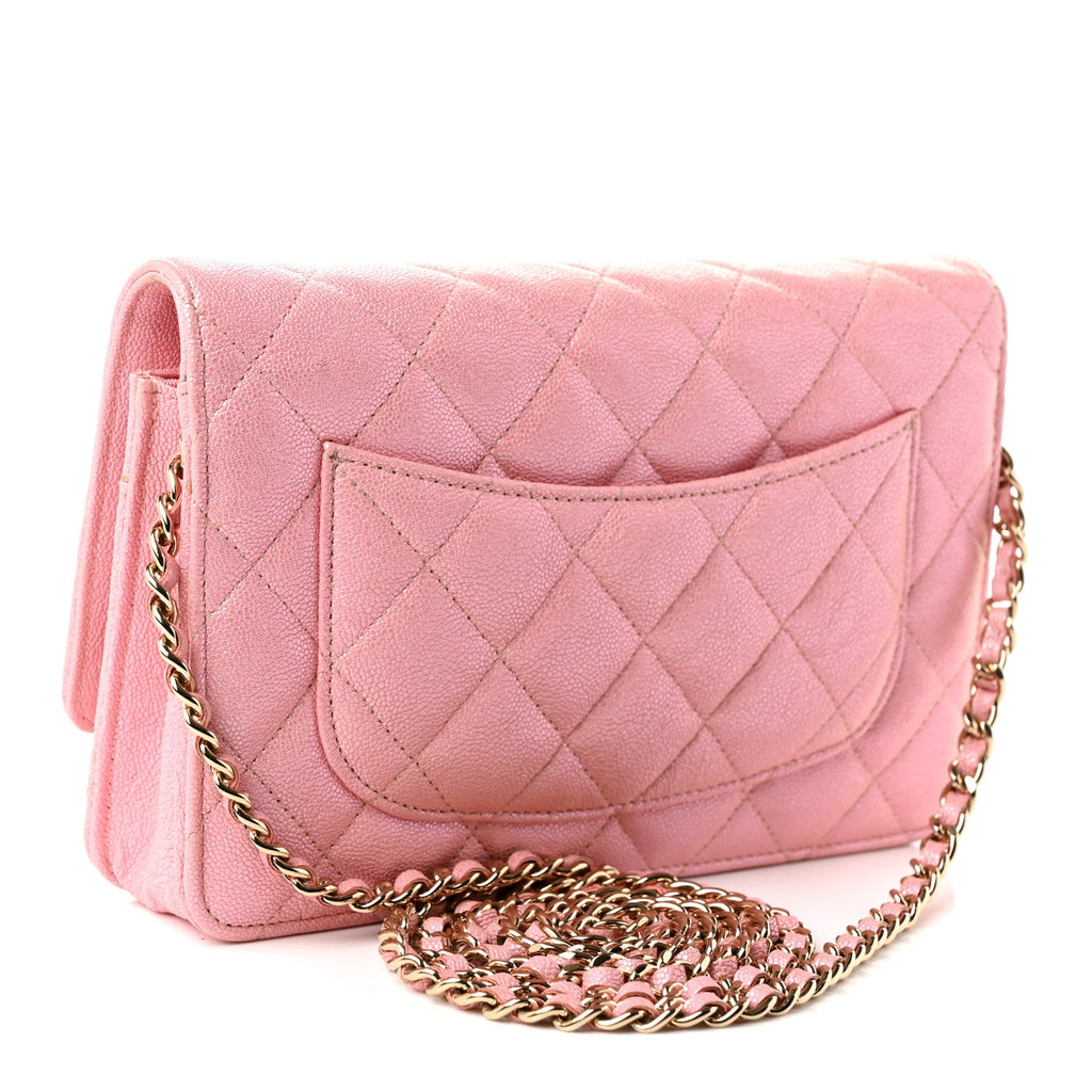 Iridescent Caviar Quilted Wallet on Chain WOC Rose Pink wholesalehk.shop