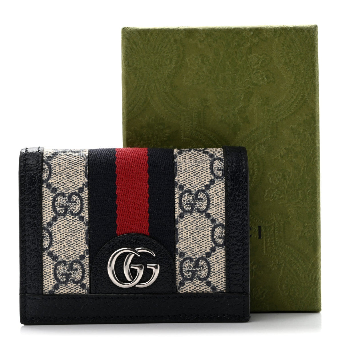 GG Supreme Monogram Textured Dollar Calfskin Web Ophidia Card Case Beige Blue wholesalehk.shop