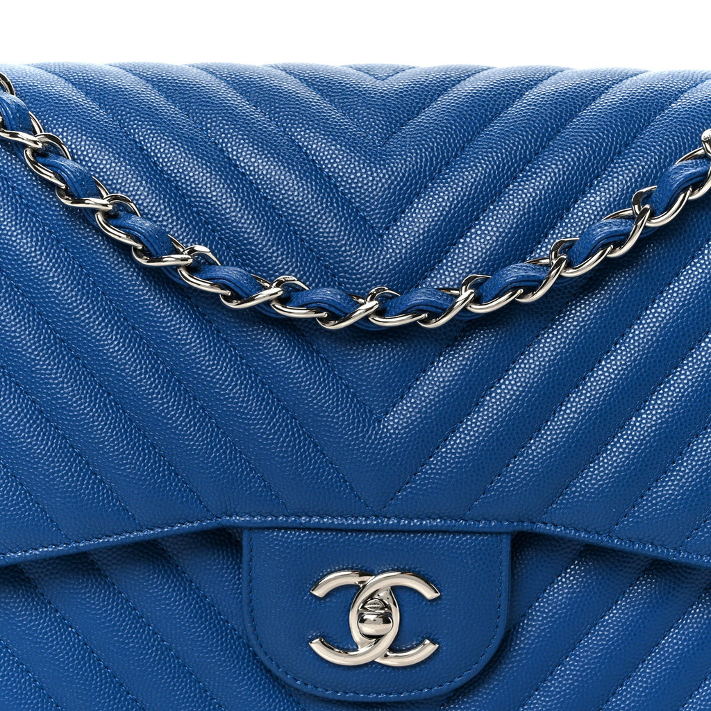 Caviar Chevron Quilted Jumbo Double Flap Blue wholesalehk.shop