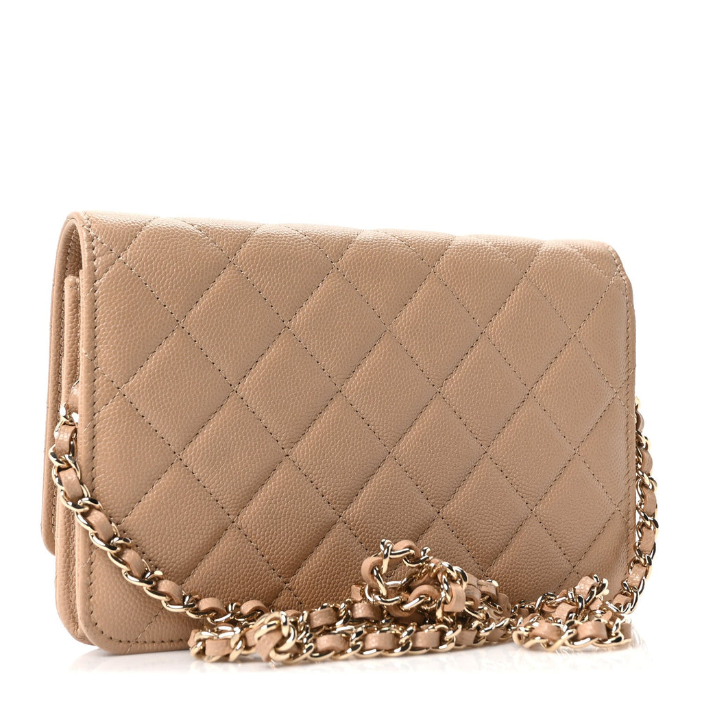 Caviar Quilted Crystal CC Wallet On Chain WOC Beige wholesalehk.shop