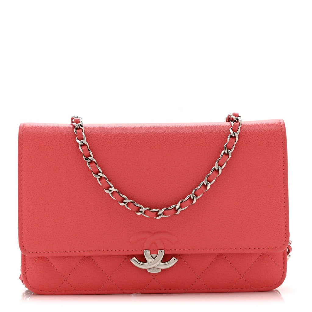Grained Calfskin Quilted CC Box Wallet On Chain WOC Pink wholesalehk.shop