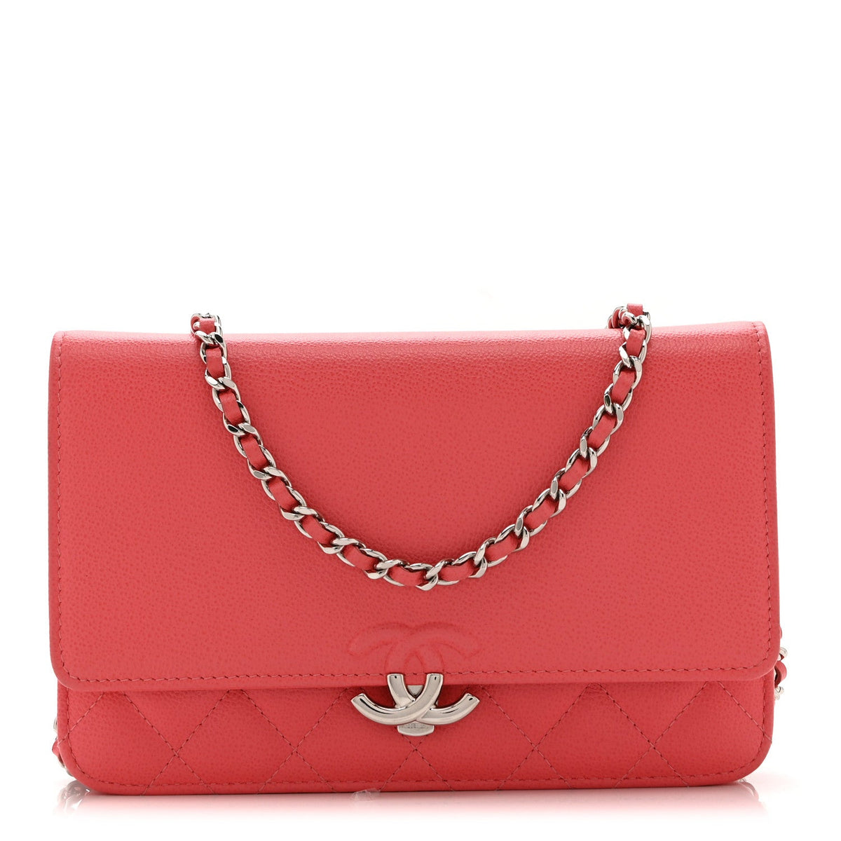 Grained Calfskin Quilted CC Box Wallet On Chain WOC Pink wholesalehk.shop