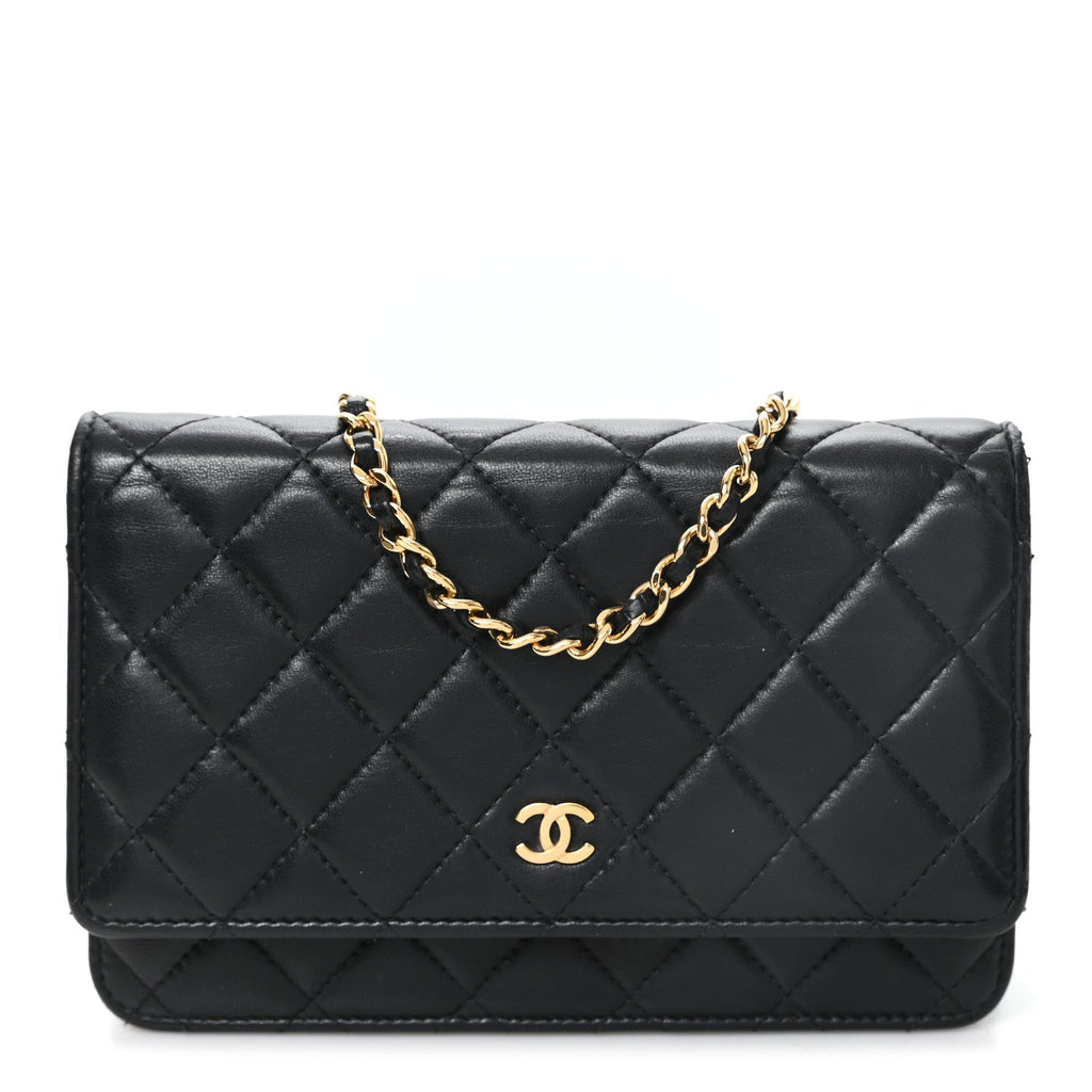 Lambskin Quilted Wallet On Chain WOC Black wholesalehk.shop