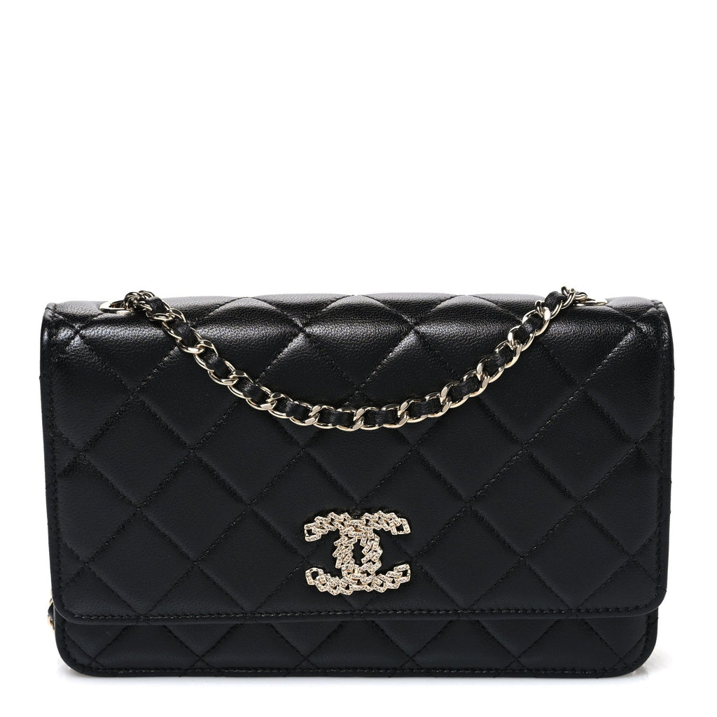 Lambskin Quilted Crystal CC Wallet On Chain WOC Black wholesalehk.shop