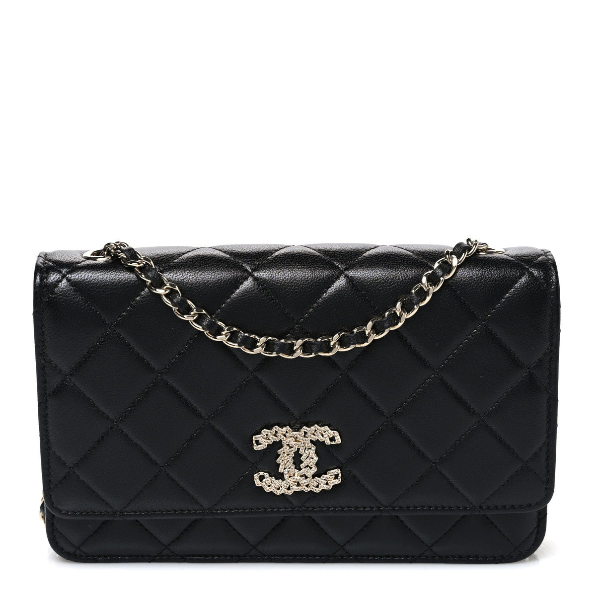 Lambskin Quilted Crystal CC Wallet On Chain WOC Black wholesalehk.shop