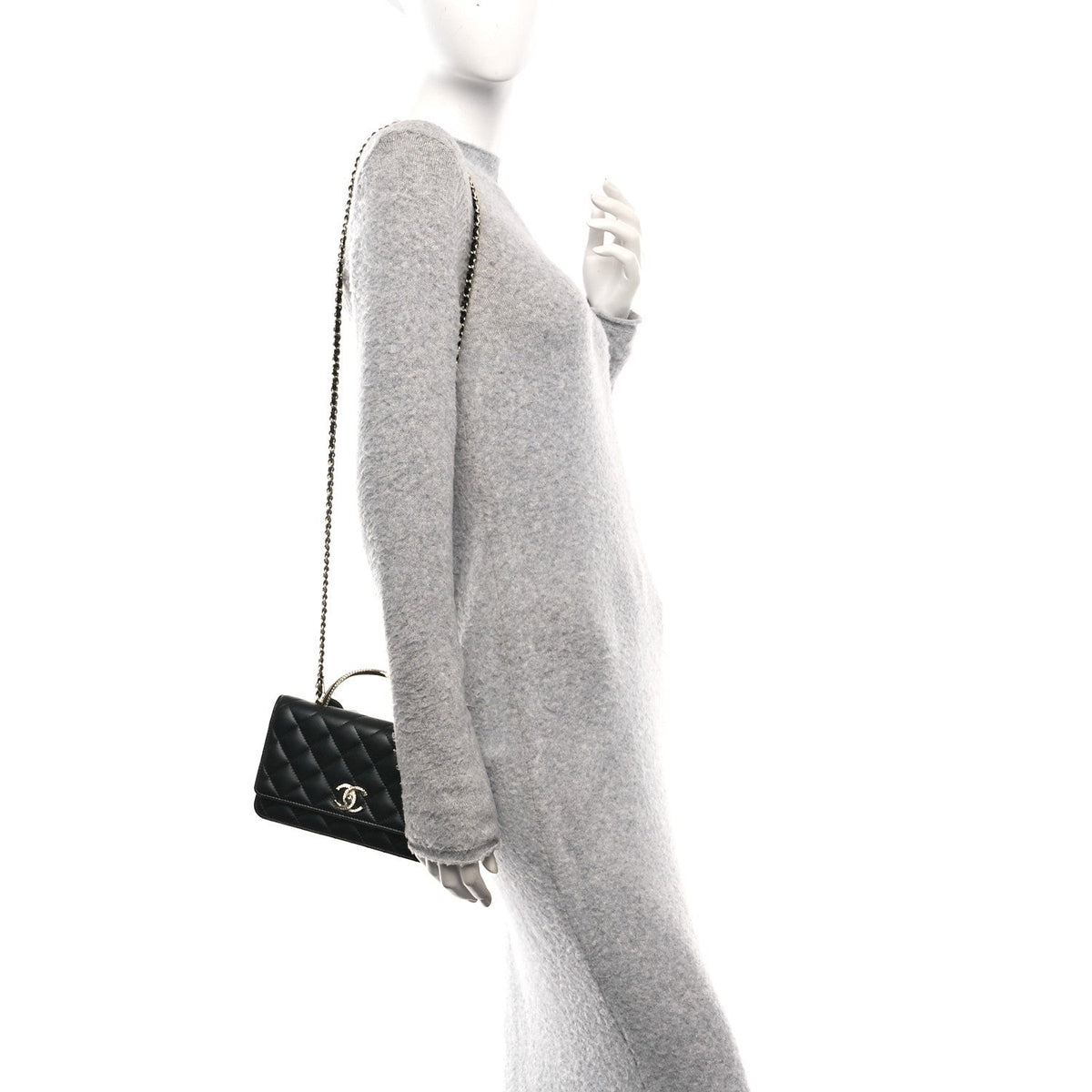 Lambskin Quilted Crystal Handle Wallet On Chain WOC Black wholesalehk.shop