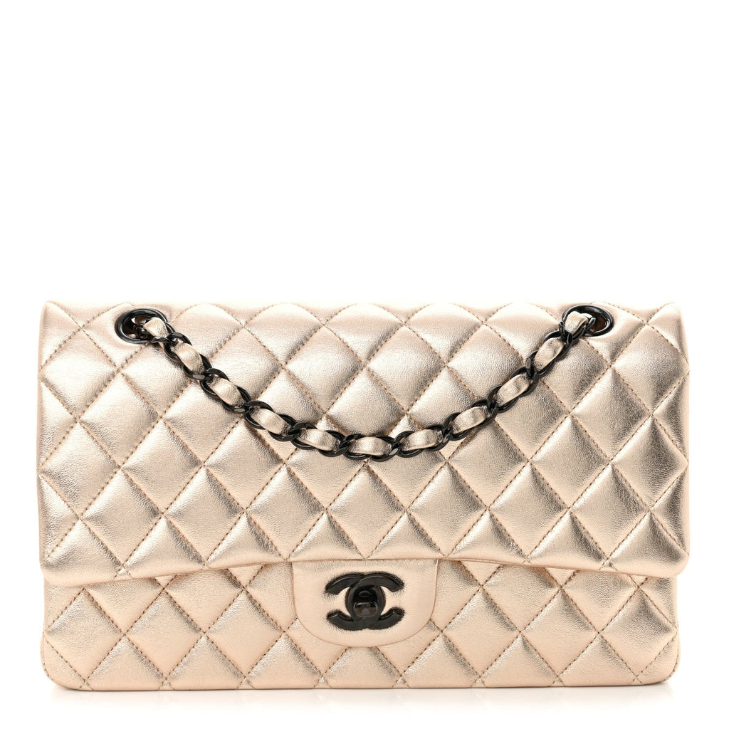 Metallic Lambskin Quilted Medium Double Flap Gold Black wholesalehk.shop