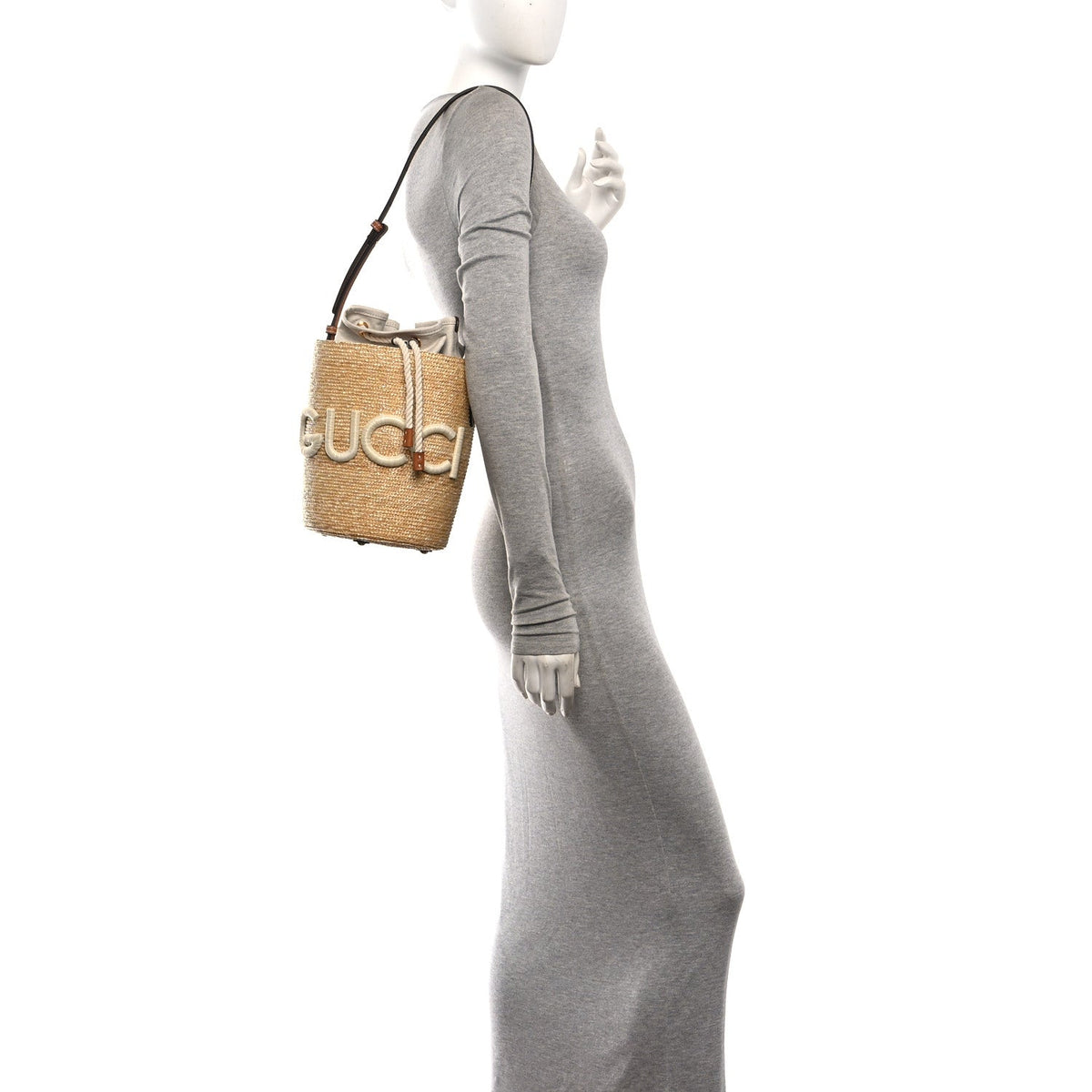 Straw Calfskin Small Logo Bucket Bag Natural Tan wholesalehk.shop