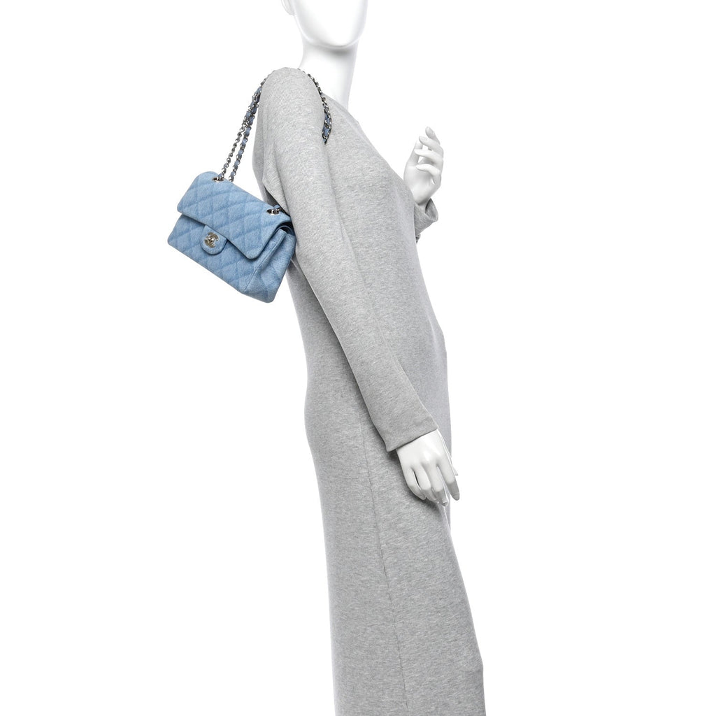 Printed Denim Quilted Small Double Flap Light Blue wholesalehk.shop