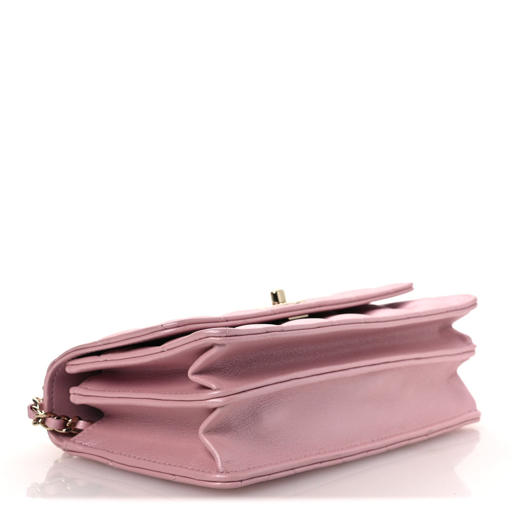 Pearly Lambskin Quilted Charms Wallet On Chain WOC Light Pink wholesalehk.shop