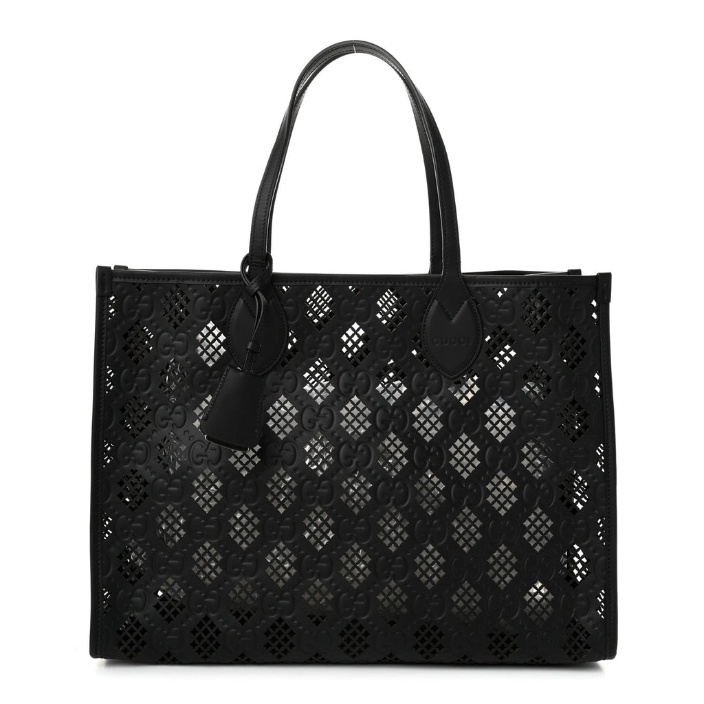 Calfskin GG Monogram Diamond Cut Medium Ophidia Tote Bag Black wholesalehk.shop