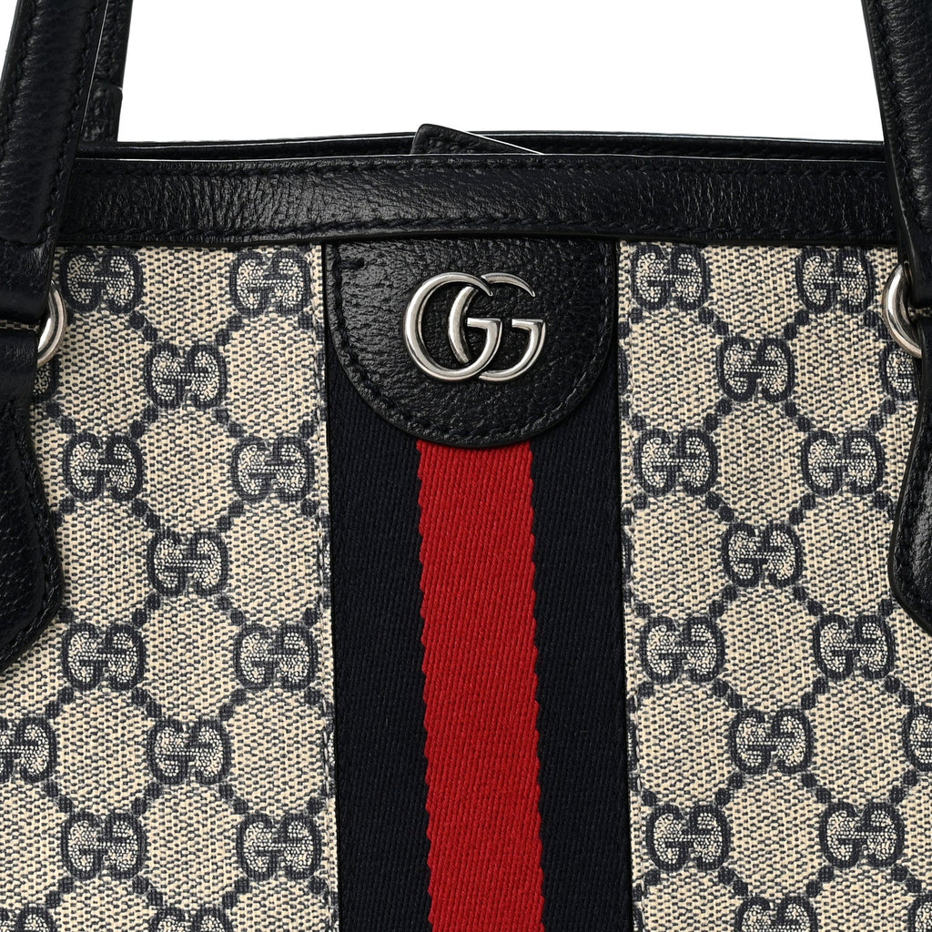 GG Supreme Monogram Textured Calfskin Web Medium Ophidia Shopping Tote Beige Blue wholesalehk.shop