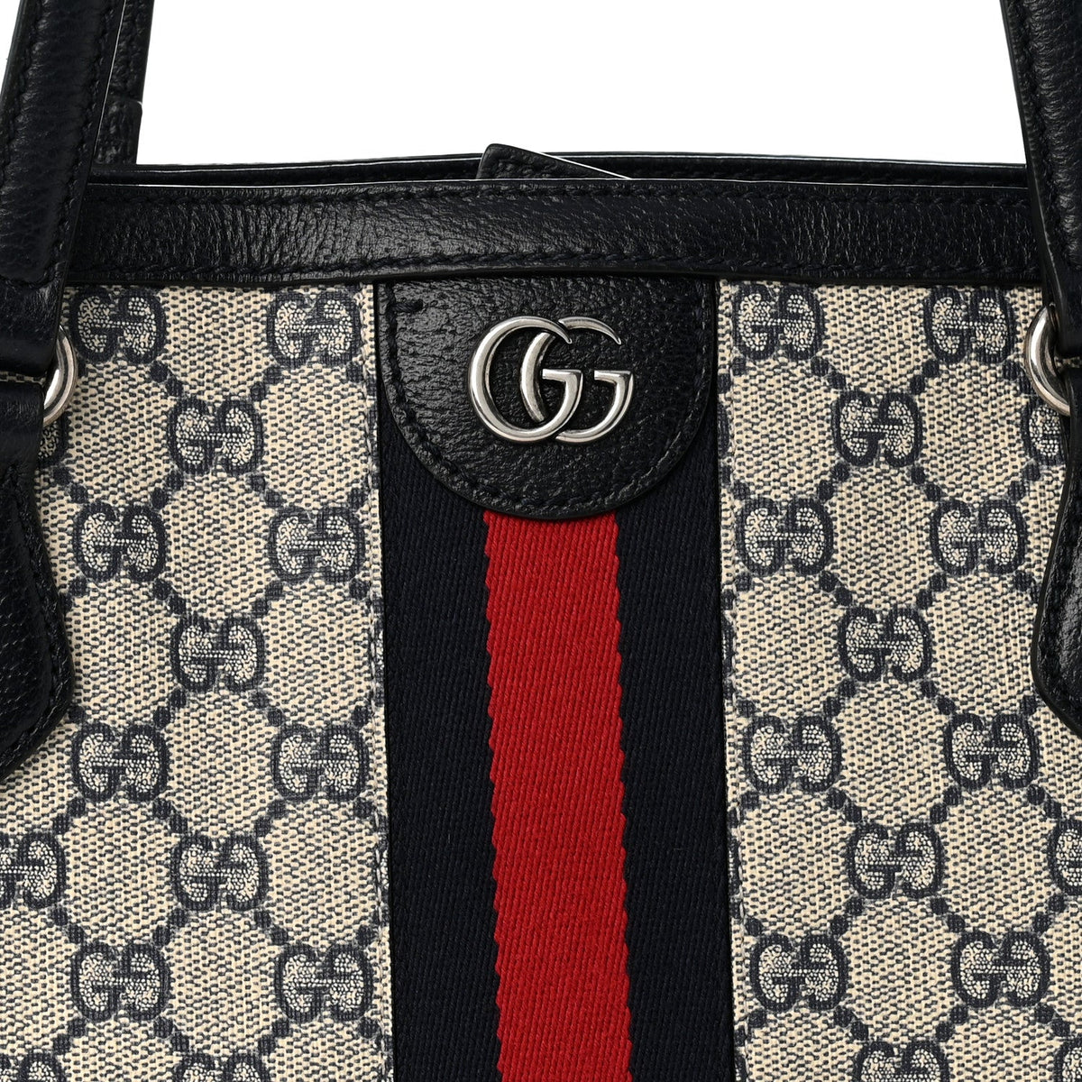 GG Supreme Monogram Textured Calfskin Web Medium Ophidia Shopping Tote Beige Blue wholesalehk.shop