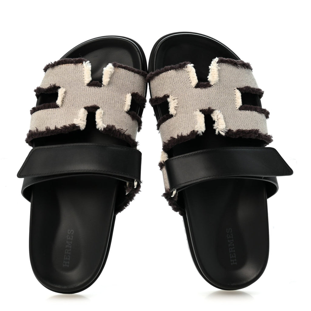 Techno Fringed H Canvas Caflskin Womens Chypre Sandals 38 Prunoir Black wholesalehk.shop