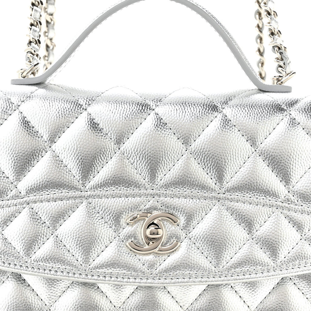 Metallic Caviar Quilted Top Handle Wallet on Chain WOC Silver wholesalehk.shop