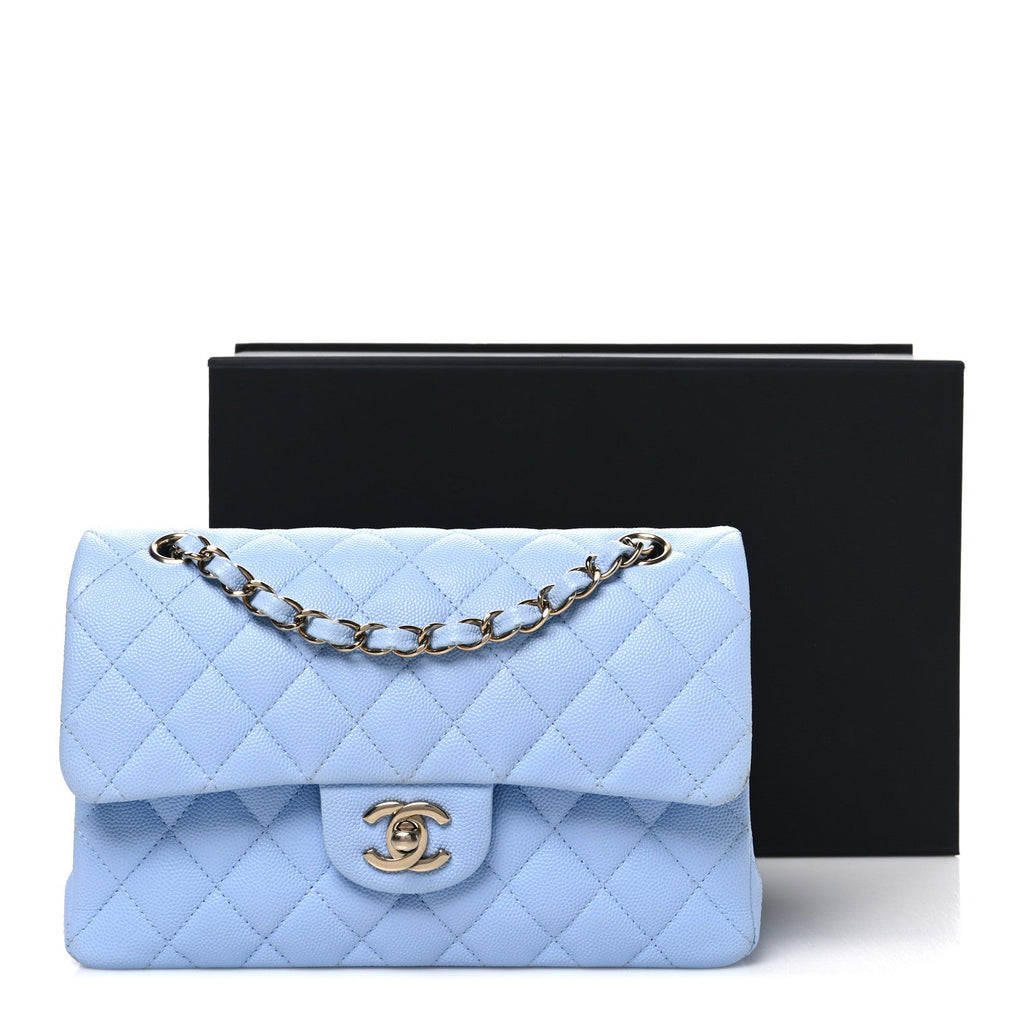Caviar Quilted Small Double Flap Light Blue wholesalehk.shop