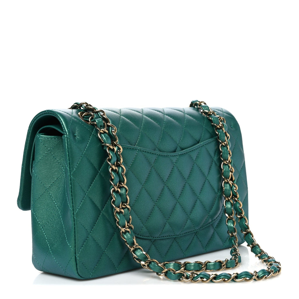 Iridescent Calfskin Quilted Medium Double Flap Green wholesalehk.shop