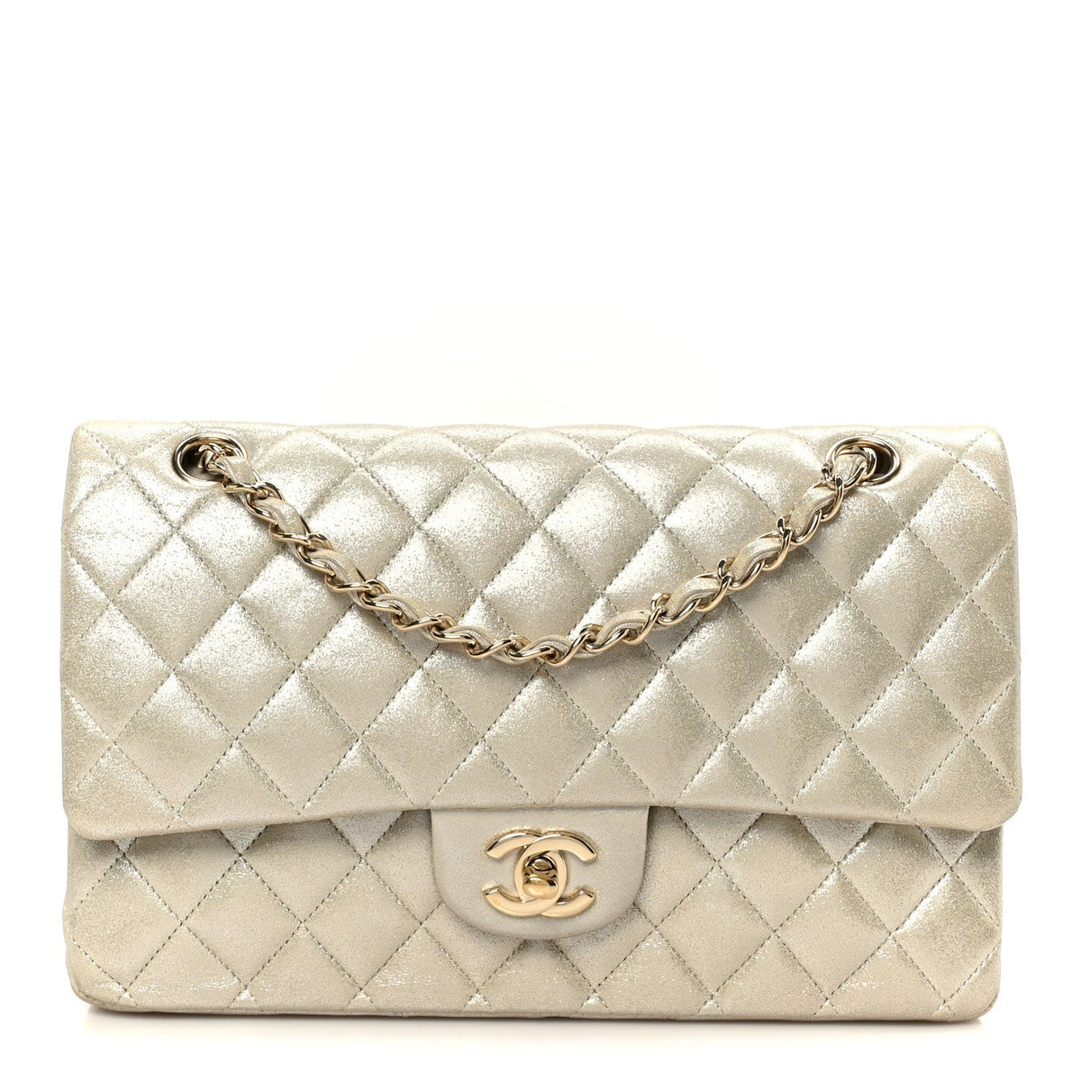 Metallic Canvas Quilted Medium Double Flap Light Gold wholesalehk.shop