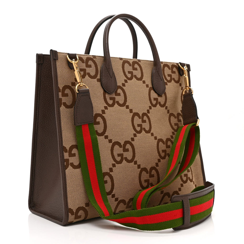 Monogram Jumbo GG Textured Dollar Calfskin Web Tote Bag Camel Ebony New Acero wholesalehk.shop