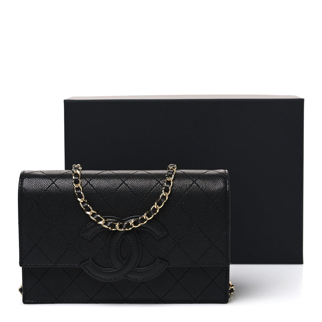 Shiny Caviar Lambskin Quilted CC Neo Filigree Wallet on Chain WOC Black wholesalehk.shop