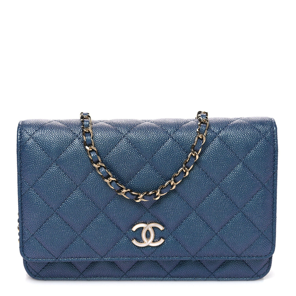 Iridescent Caviar Quilted Wallet on Chain WOC Dark Blue wholesalehk.shop