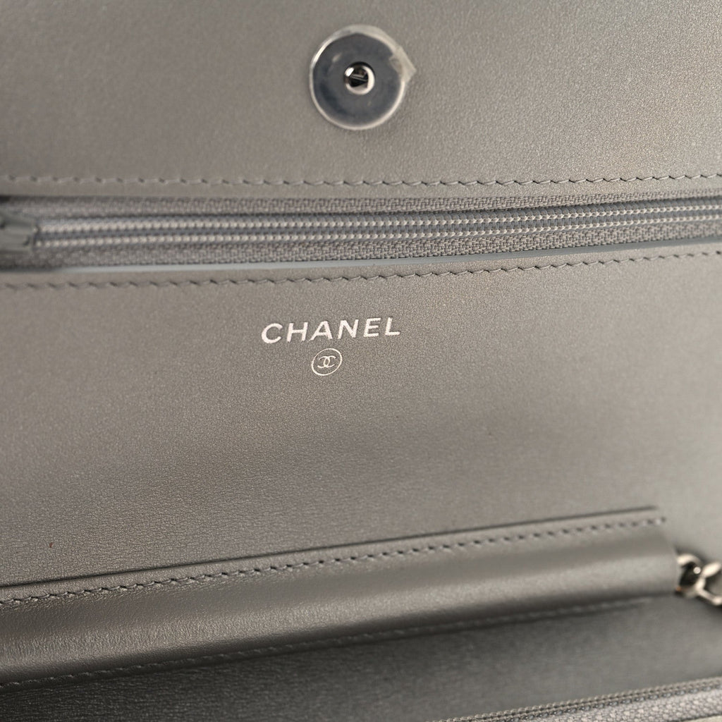 Metallic Crumpled Calfskin Quilted Flap Charm Wallet On Chain WOC Silver wholesalehk.shop