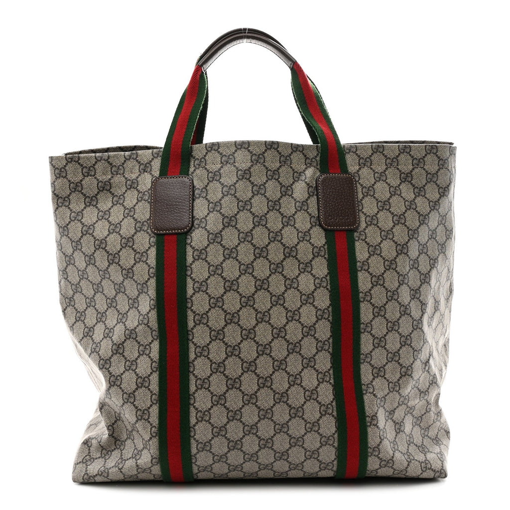 Tender GG Supreme Monogram Textured Dollar Calfskin Web Tote Beige Ebony New Acero wholesalehk.shop